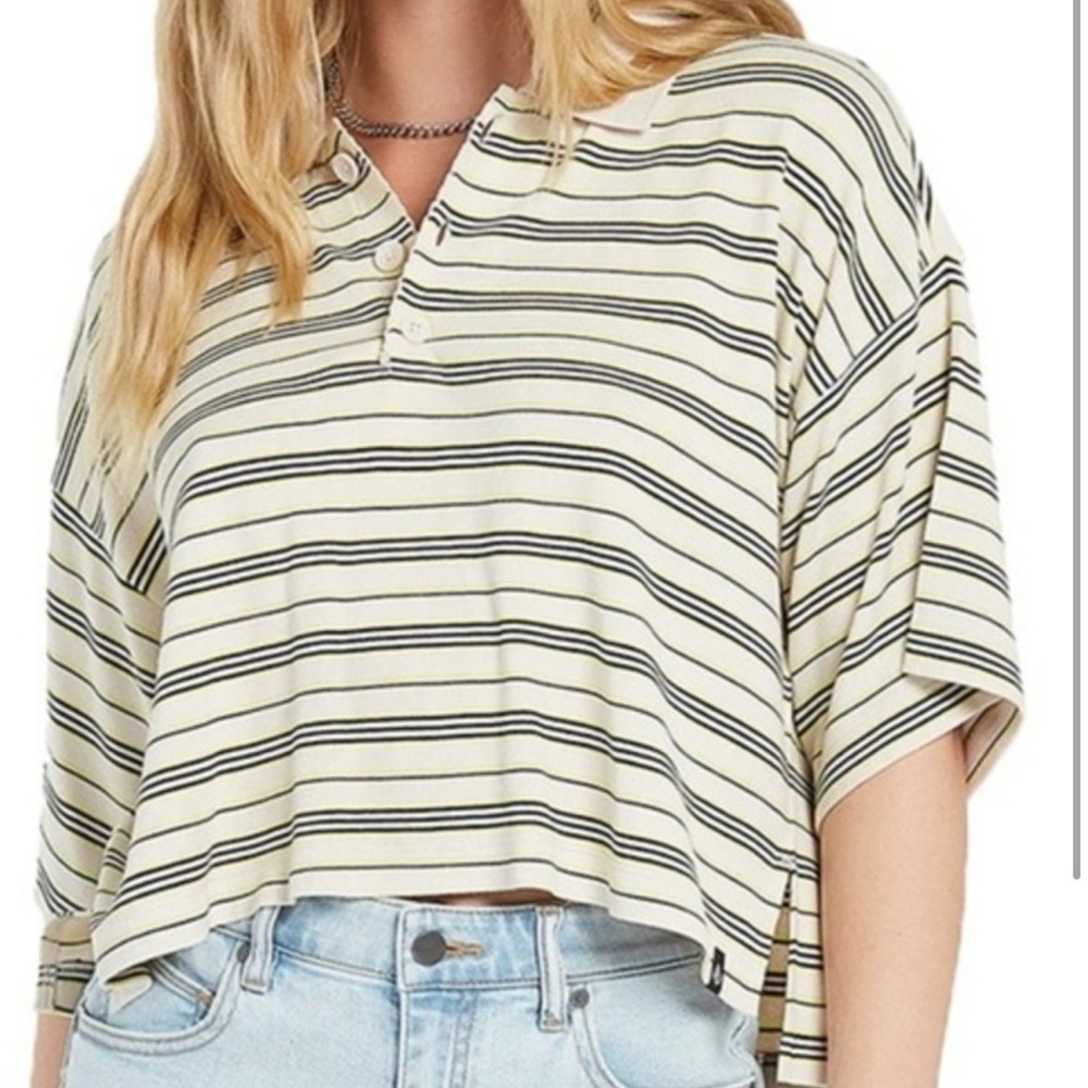 Volcom Women’s Cream Black Striped Boxy Oversized Polo Cropped Top Size X-Small